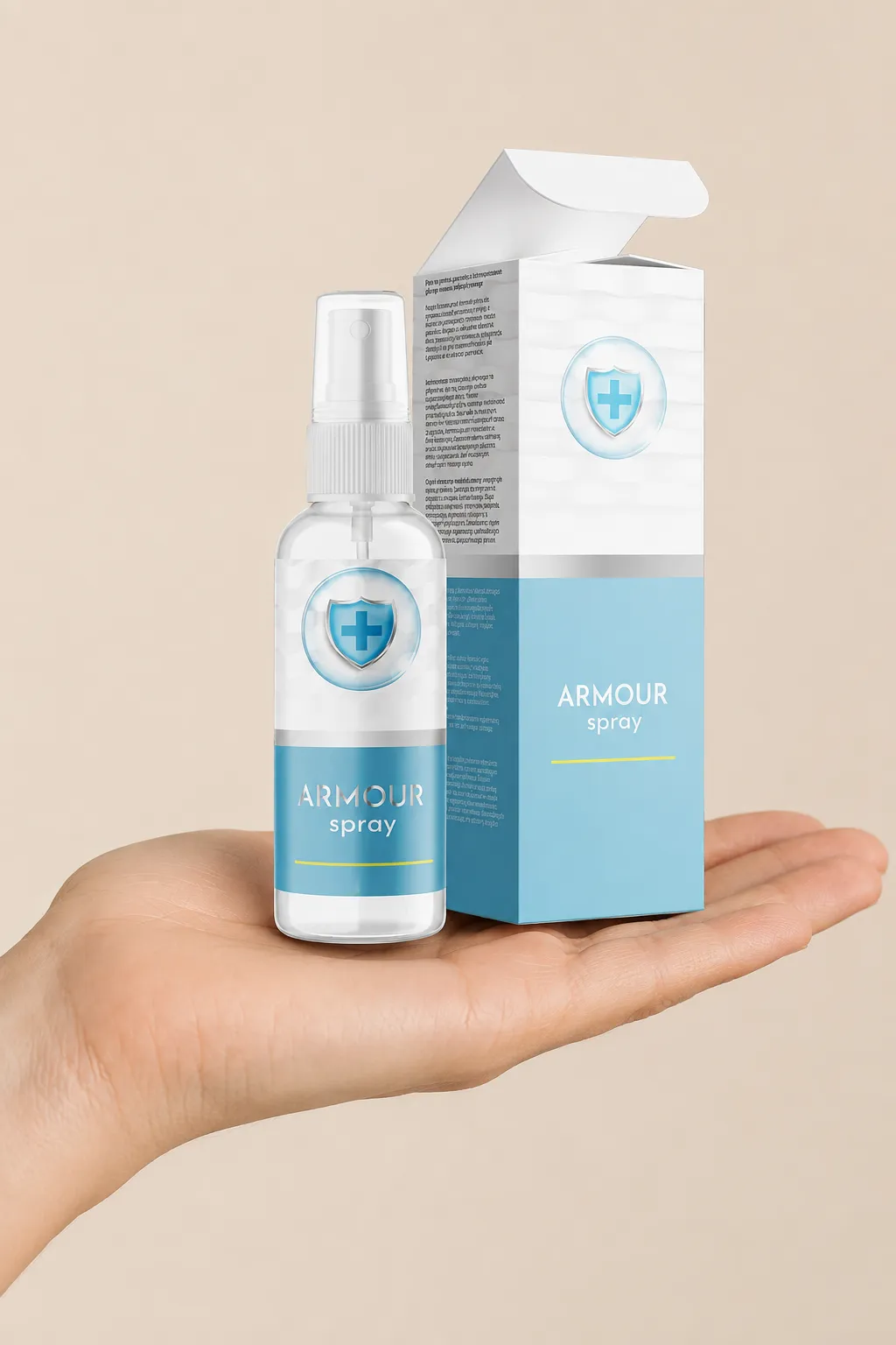 Armour Spray — opakowanie w dłoni