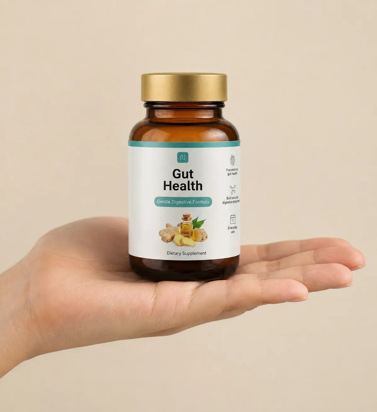 Gut health — opakowanie w dłoni